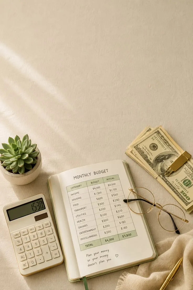 A desk set up for monthly bookkeeping, with a laptop and financial records