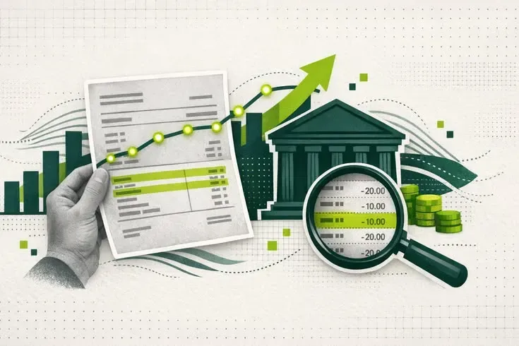 An illustration of financial statements, charts, and a magnifying glass