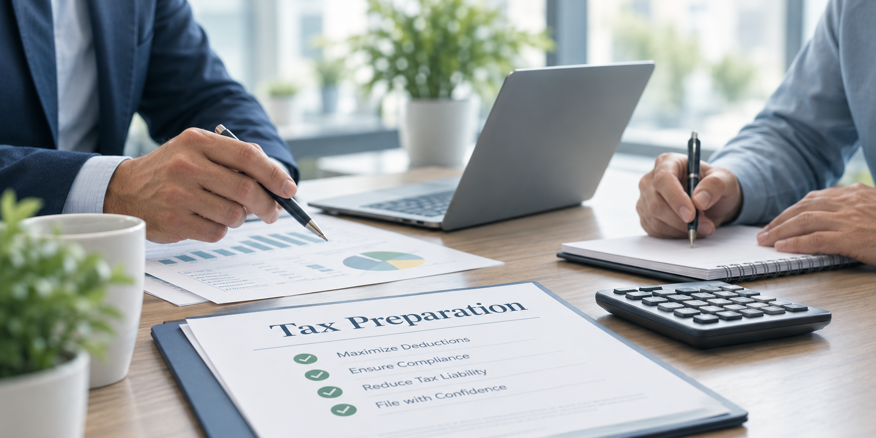 Tax preparation support shown as organized manila folders and tax-ready spreadsheet ready for handoff to a small business CPA.